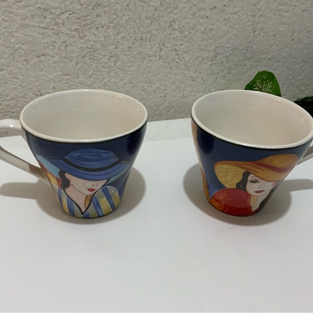 Sango Cafe Paris Microwave Oven Safe Women In Hats Coffee Mug Cups Set Of 2 G3